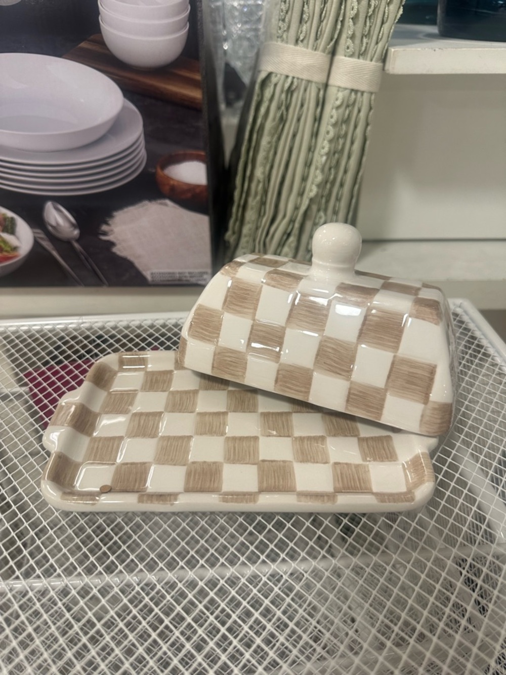 Marshalls Beige and White Checkered Ceramic Butter Dish - Picture 2 of 2